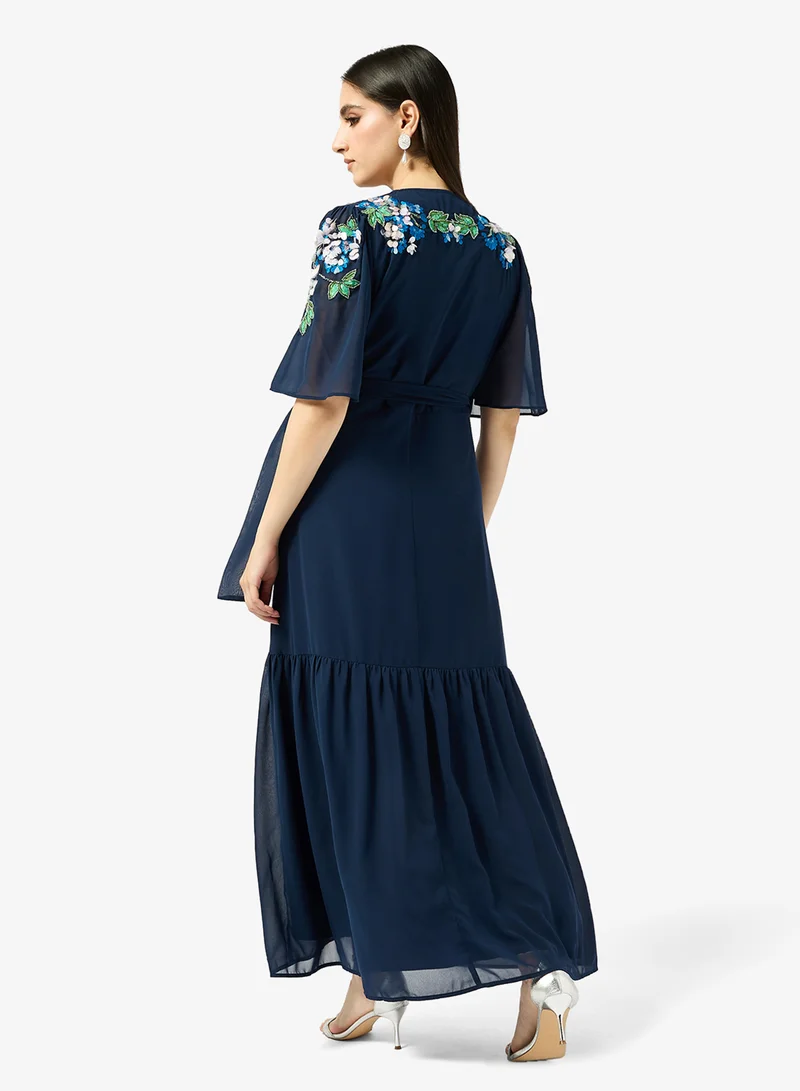 Hope & Ivy Embellished Flutter Sleeve Maxi Wrap Dress With Tie Waist